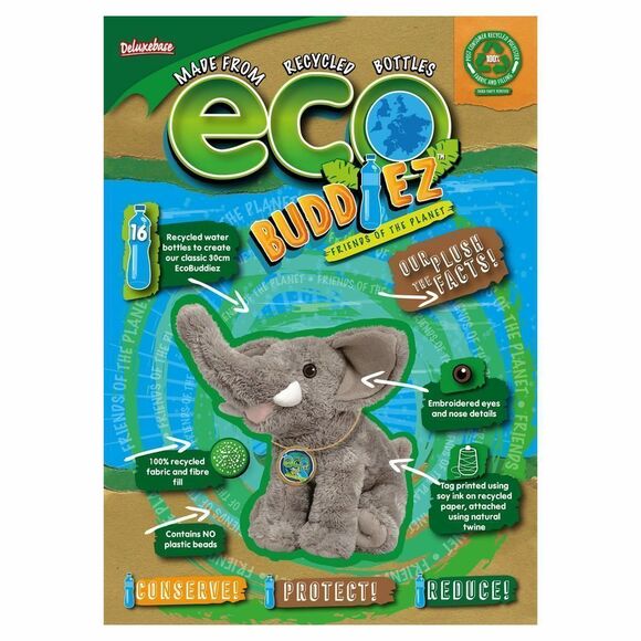 EcoBuddiez - Elephant from Deluxebase. Large 12 inch Soft Plush Toy Made from R - Picture 1 of 4